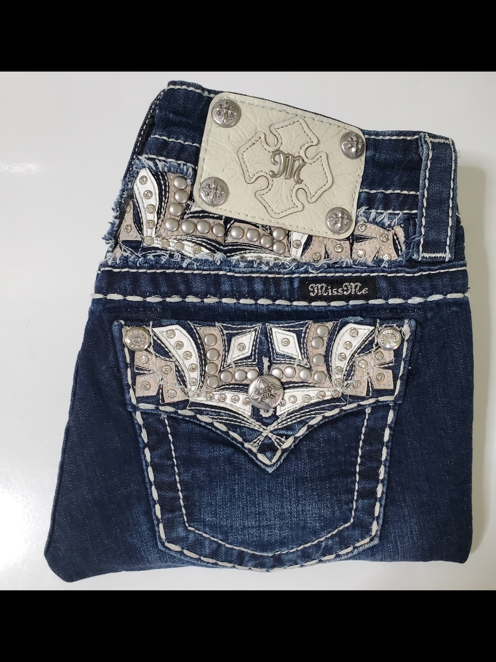 Miss Me Navy Blue Skinny Jeans with Rhinestone & Pearl Embellished Pockets